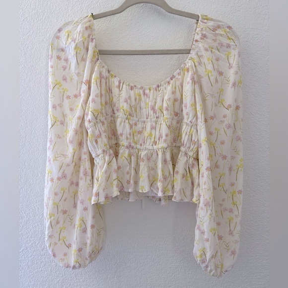 For Love & Lemons Smocked Crop Floral Puff Long Sleeve Blouse Size L - Picture 6 of 9